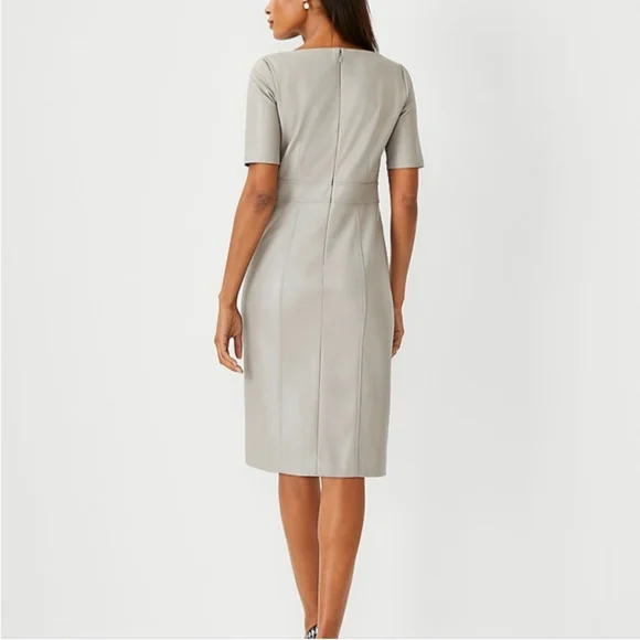 Ann Taylor Women's Vegan Leather Sheath Midi Dress Short Sleeve Size 6 Gray New - Picture 3 of 16